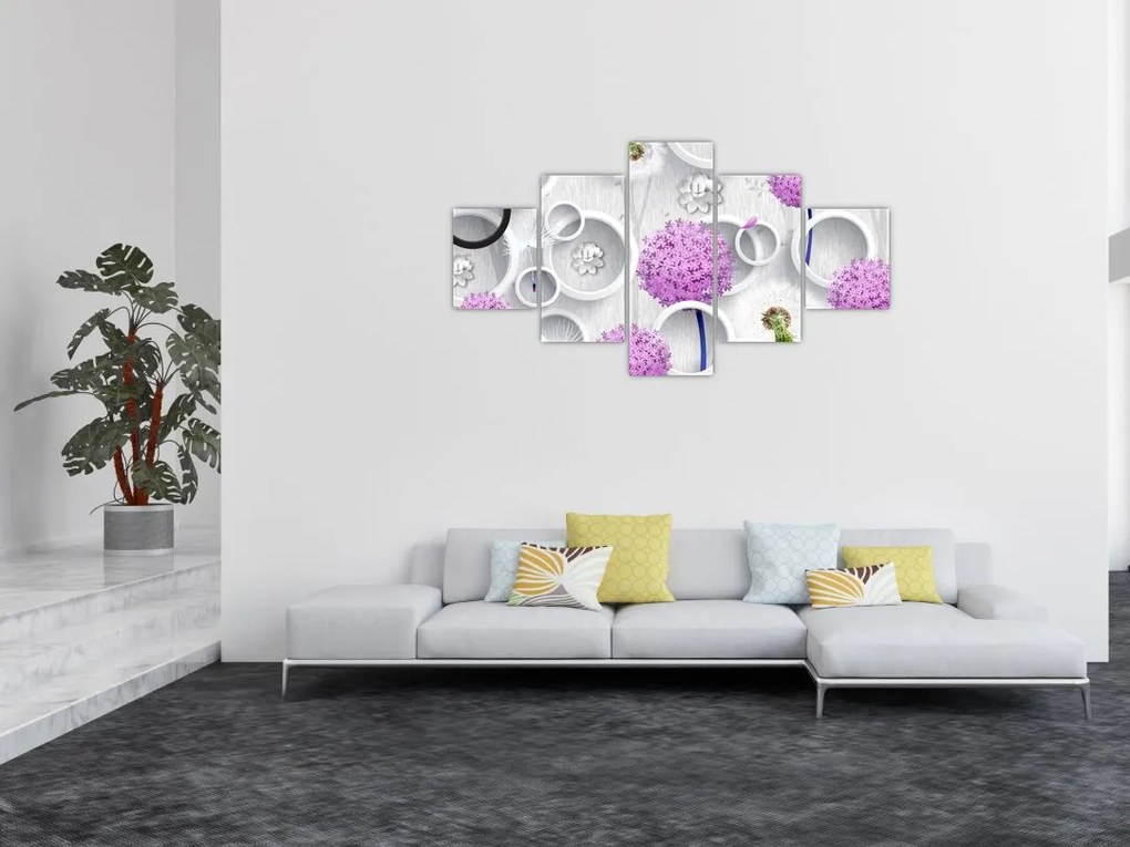 Obraz abstrakcji 3D z kołami i kwiatami (125x70 cm)