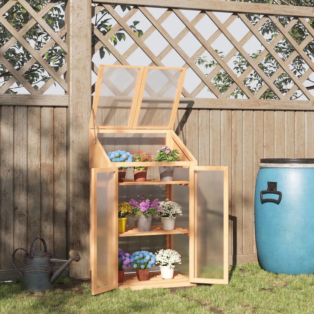 Outsunny Mini szklarnia, mała szklarnia z ramą drewnianą, oknami i podwójnymi drzwiami, 3 półki, 70Dł x 50Szer x 120Wys cm, Brązowa