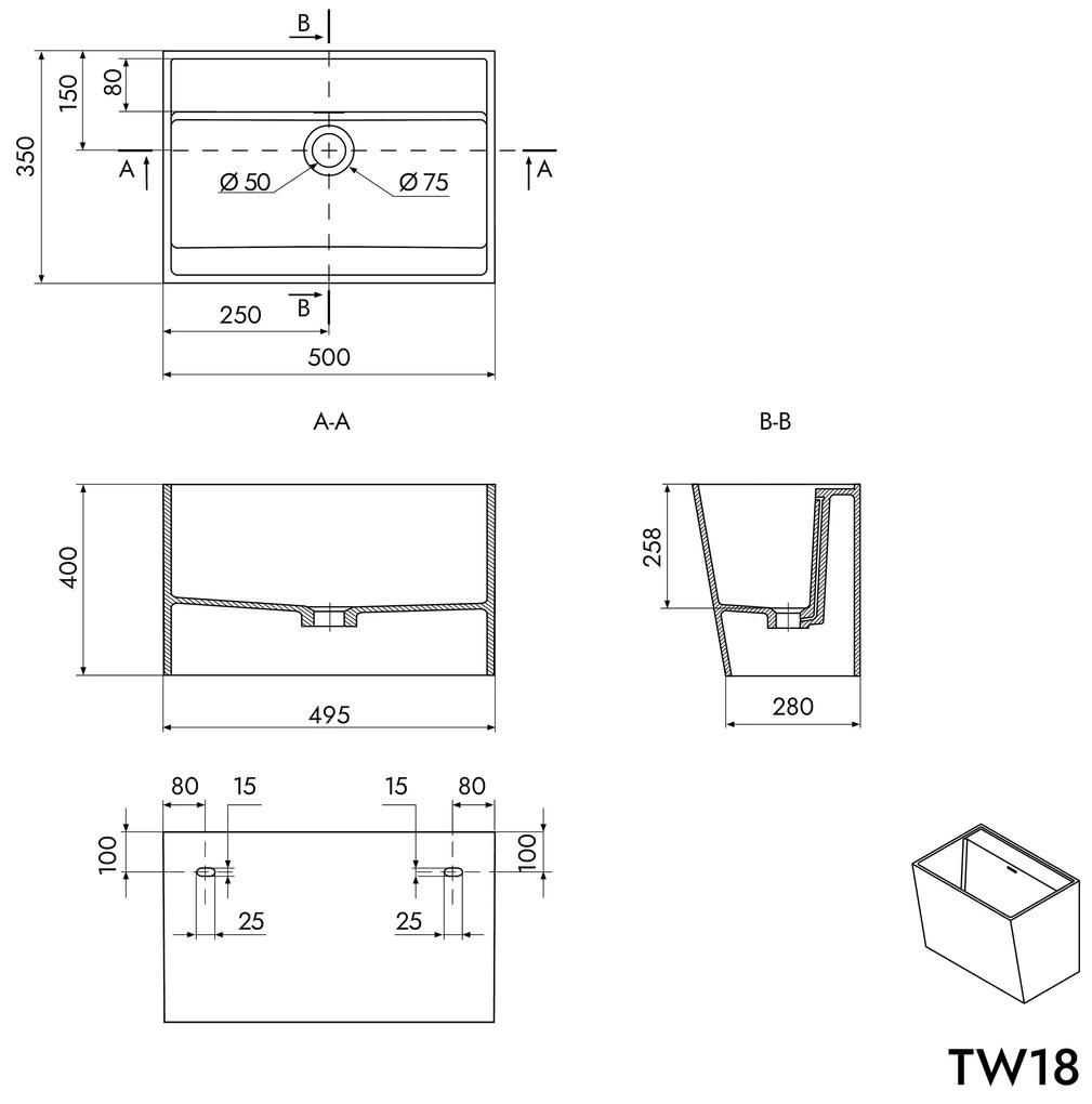 Umywalka ścienna TW18 z odlewu mineralnegoBiały mat - 50 x 35 x 40 cm