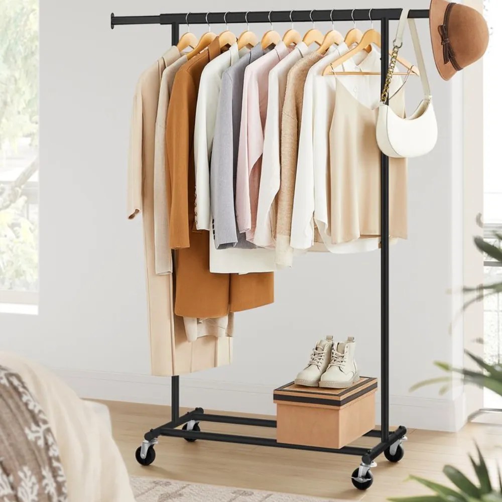 SongmicsHome Stojak na ubrania INEZ na kółkach, maks. 90kg, 83,5x45x160cm, czarna