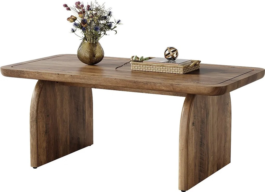 47-calowy prostokątny drewniany stolik kawowy do salonu, rustykalny stolik kawowy z solidną podstawą i zaokrąglonymi narożnikami, łatwy montaż, rustykalny brąz