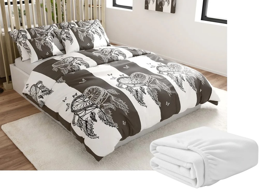 PrzytulneMieszkanie.pl PrzytulneMieszkanie.pl PrzytulneMieszkanie.pl Zestaw 2 szt. pościeli z mikropluszu TIRSO szaro-białe + prześcieradło z mikropluszu SOFT 180x200 cm białe, łóżko dwuosobowe