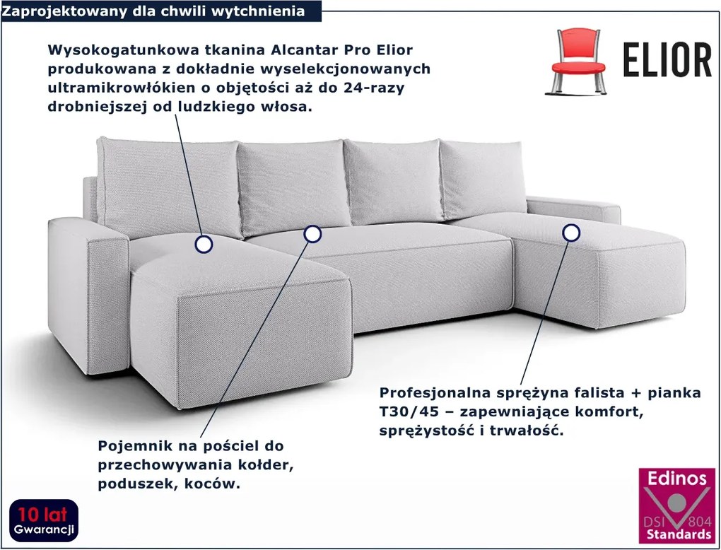 Jasnoszary rozkładany narożnik U z pojemnikiem T5-K40