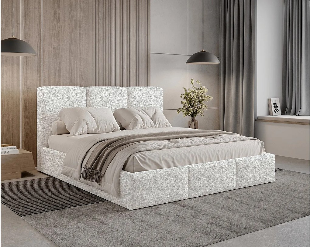 Łóżko tapicerowane 180x200 Elora boucle – łóżko z pojemnikiem na pościel i stelażem listwowym, tkanina boucle – Biały