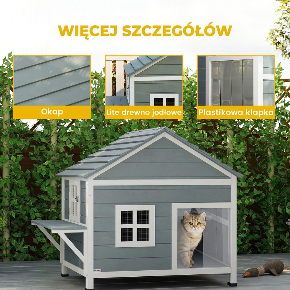 PawHut Domek dla kotów z drewna 2-poziomowa kryjówka z wodoodpornym, otwieranym dachem, boczną platformą, 101x72,5x81cm, Szary | Aosom PL
