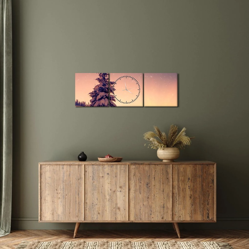 Obraz ośnieżonego drzewa na łące (z zegarem) (90x30 cm)