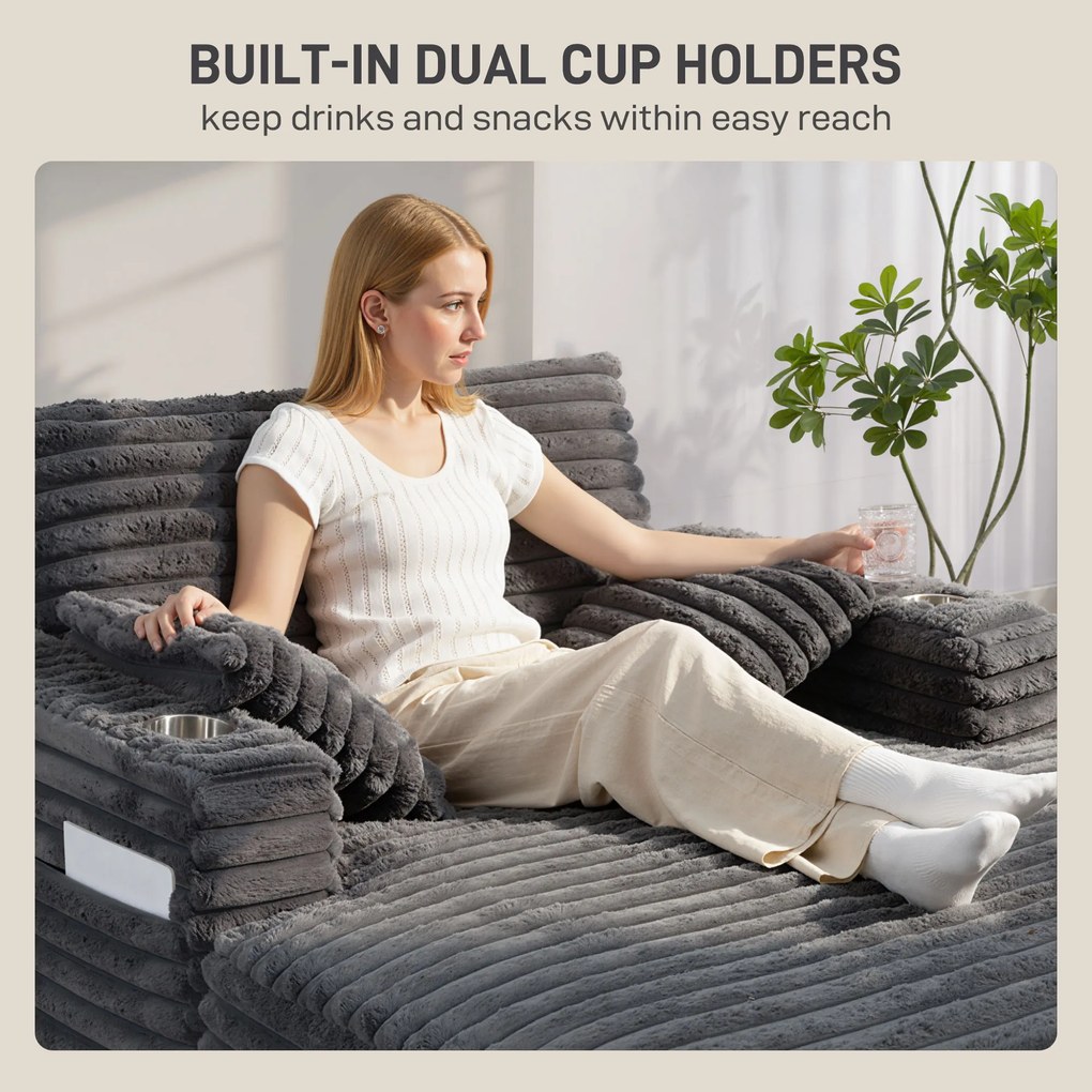 HOMCOM Szezlong 2-osobowy, sofa z funkcją spania 134 x 151 cm z uchwytami na napoje, do salonu, szara | Aosom PL