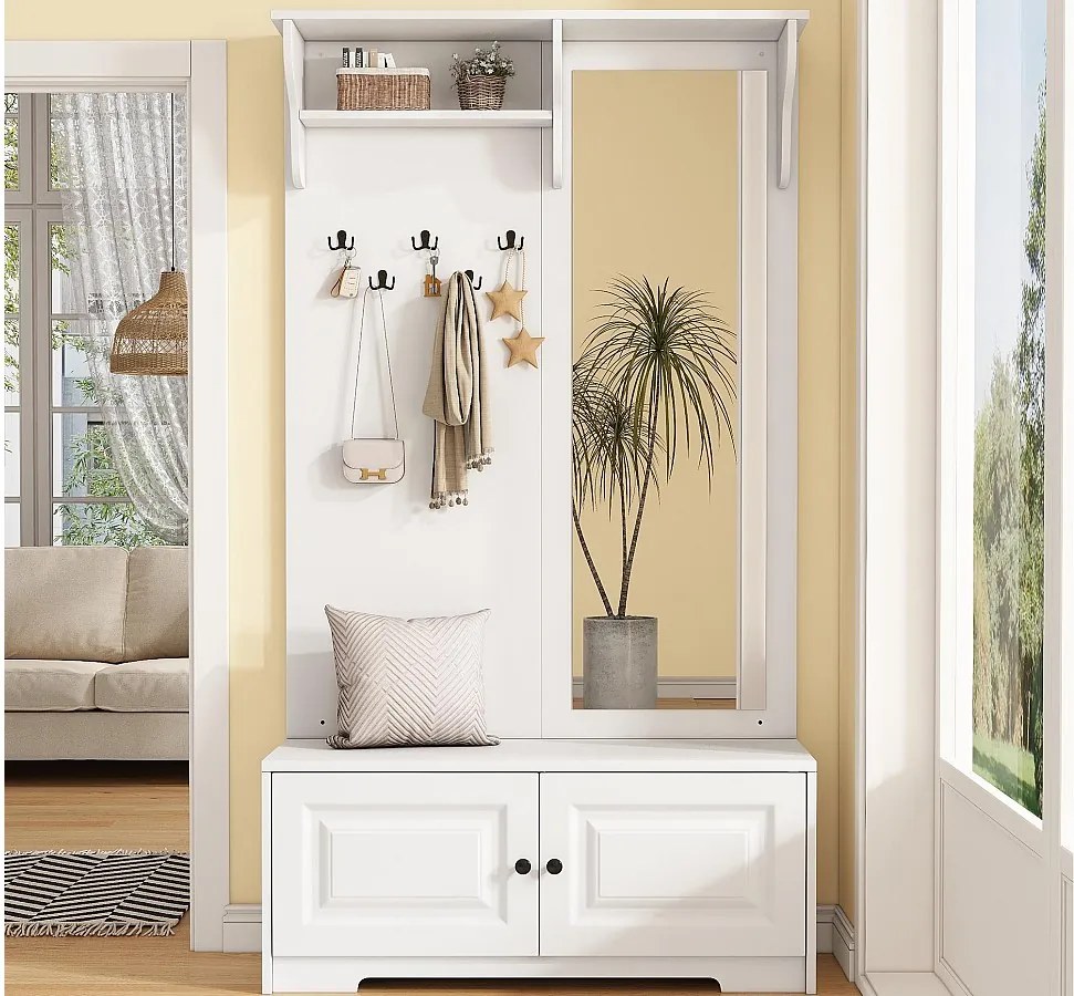 Zestaw przedpokojowy 100x40x180 cm - z lustrem i 5 wieszakami - 2 drzwi - z szafką na buty i półkami - Biały