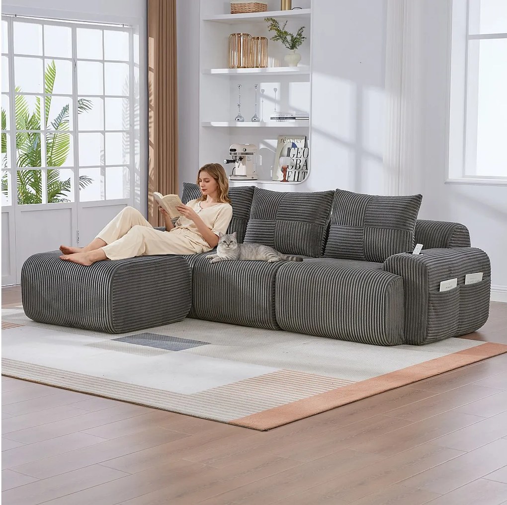 Sofa modułowa 3-osobowa - 268 x 174 x 80 cm - z 1 pufem + uchwytem na kubek + kieszenią do przechowywania - aksamit - ciemnoszary