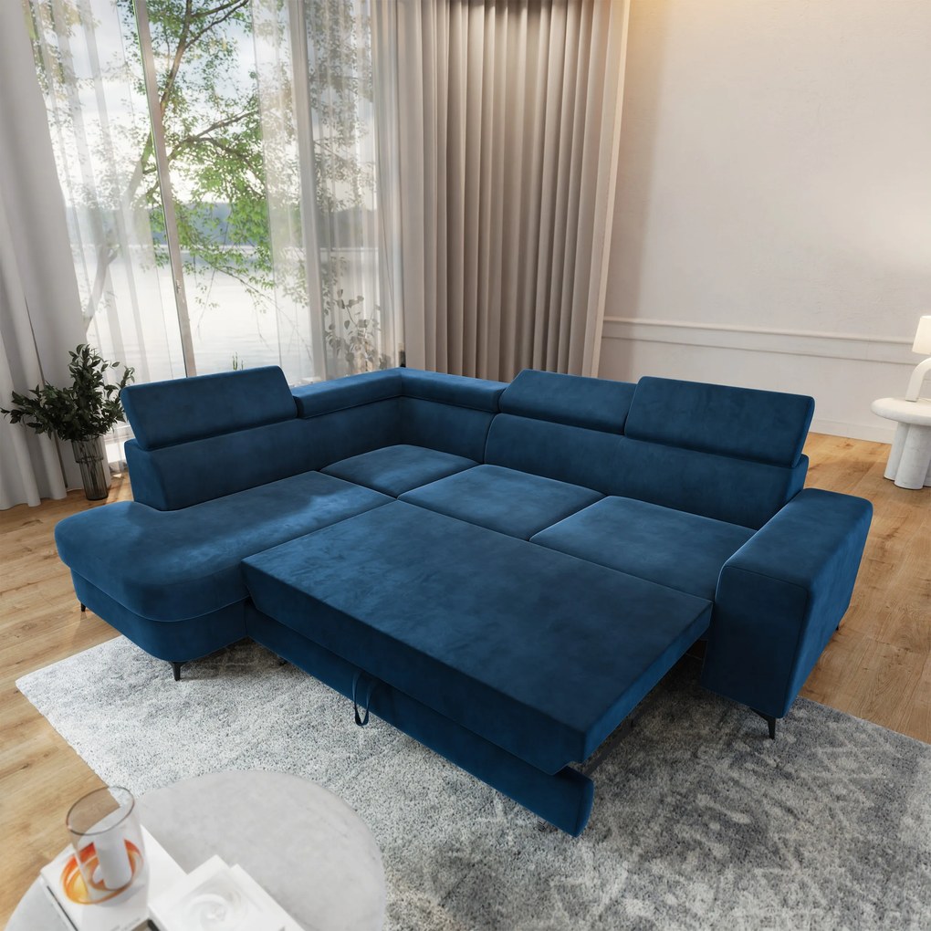 Masseno Narożnik ALVORO z funkcją spania i pojemnikiem na pościel Narozniki L, Rozkładana sofa - Niebieski, MONOLITH 77