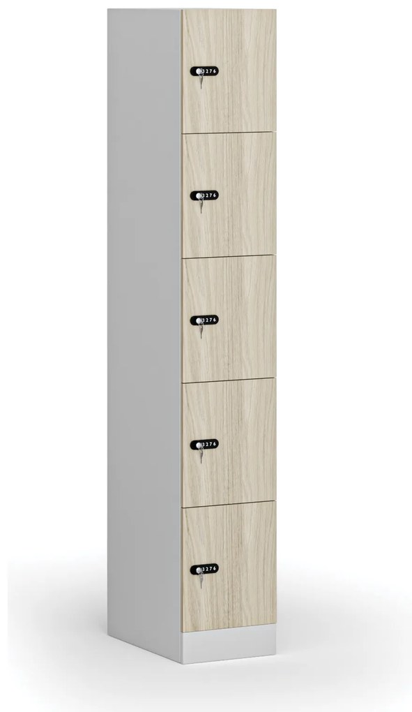 Szafka skrytkowa, 5 schowków, 1850 x 300 x 500 mm, demontaż, zamek mechaniczny z kodem, drzwi laminowane, dąb naturalny