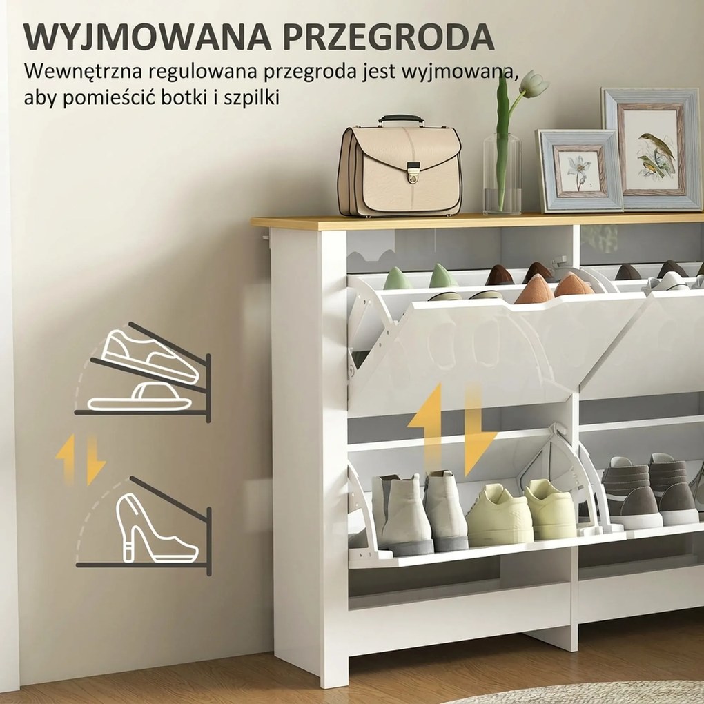 HOMCOM Wąska szafka na buty z 4 uchylnymi przegrodami, na 8–16 par butów, 105 x 26 x 80 cm, biały + naturalny | Aosom PL