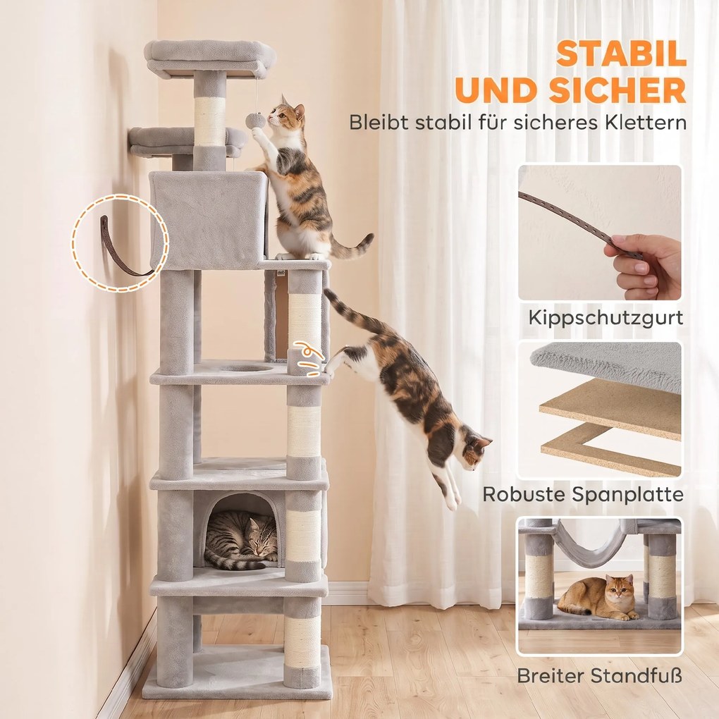 PawHut Drapak 204 cm drapak dla kota z kryjówkami i drabinką wielopoziomowy drapak dla 1–3 kotów po 6 kg jasnoszary | Aosom PL