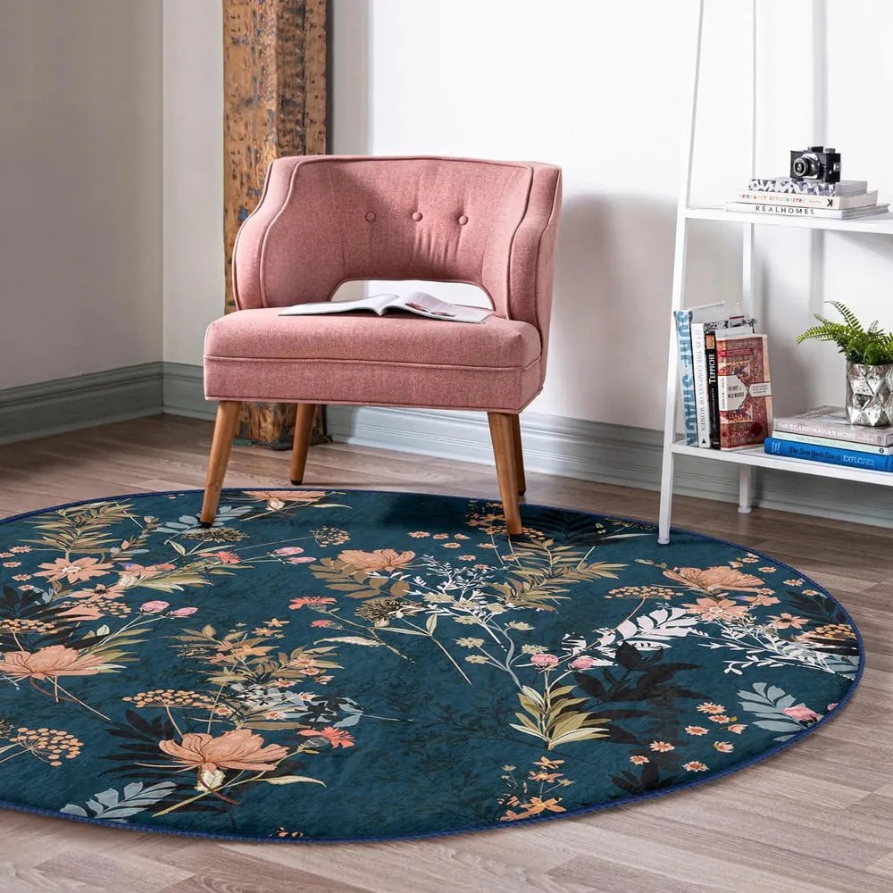 Ciemnoniebieski okrągły dywan odpowiedni do prania i robotów sprzątających ø 80 cm Comfort – Mila Home