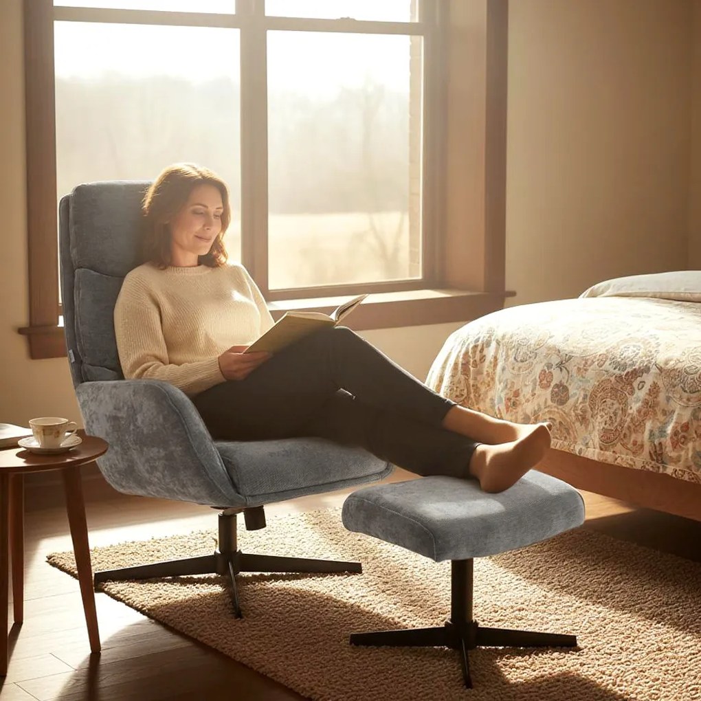 HOMCOM Fotel tapicerowany z podnóżkiem, fotel lounge z wysokim oparciem, metalowa podstawa, do salonu, sypialni, szary | Aosom PL