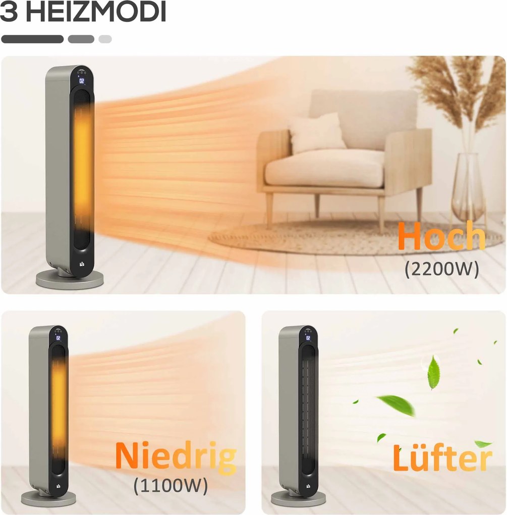 HOMCOM Grzejka elektryczna, 3 tryby, 12-godzinny timer, wyświetlacz LED, funkcja obrotu