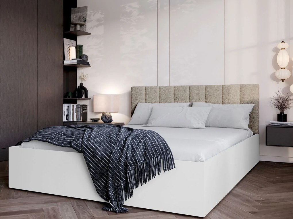 Białe łóżko z beżowym zagłówkiem boucle 90x200 A7-G25