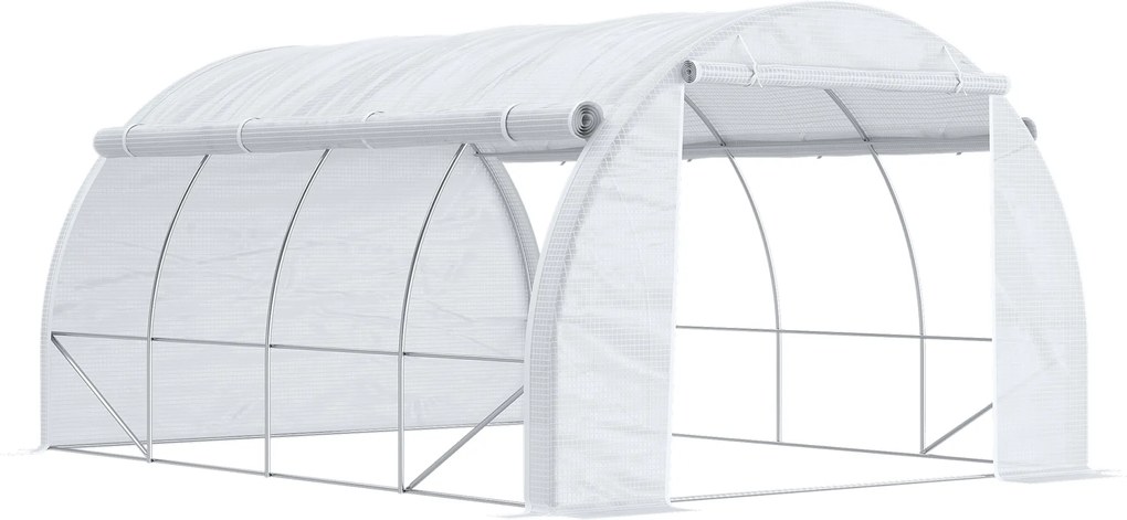 Outsunny Szklarnia Tunelowa, Przechodnia, Ściany Rozwijane, Drzwi na Zamek, Rama Ocynkowana, 4 x 3 x 2 m, Biała