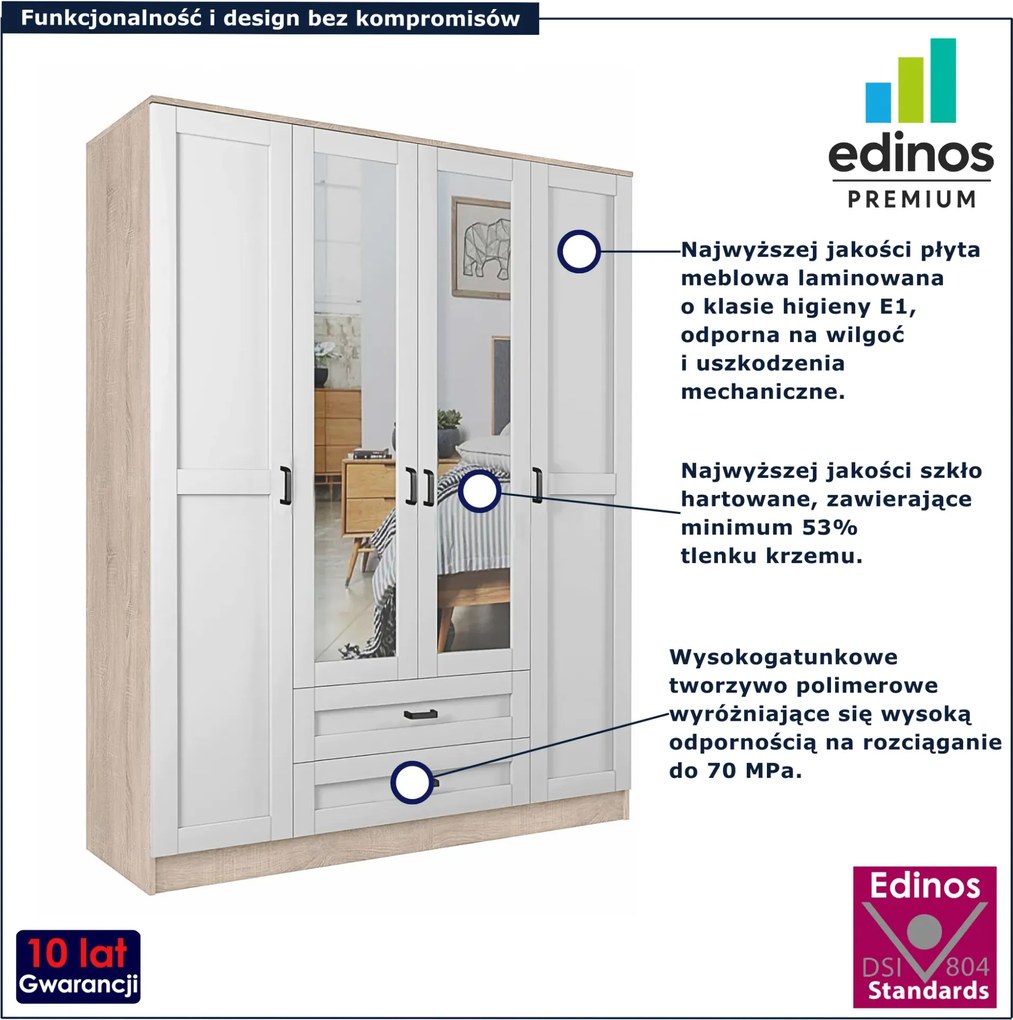 Czterodrzwiowa szafa z lustrem dąb sonoma + biały W3-K68