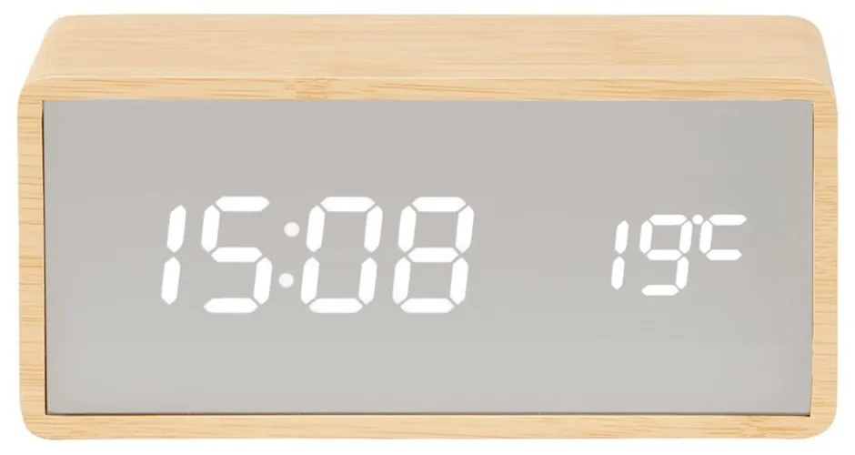 Budzik LED w kolorze srebra i dekorze jasnego drewna Karlsson Mirror