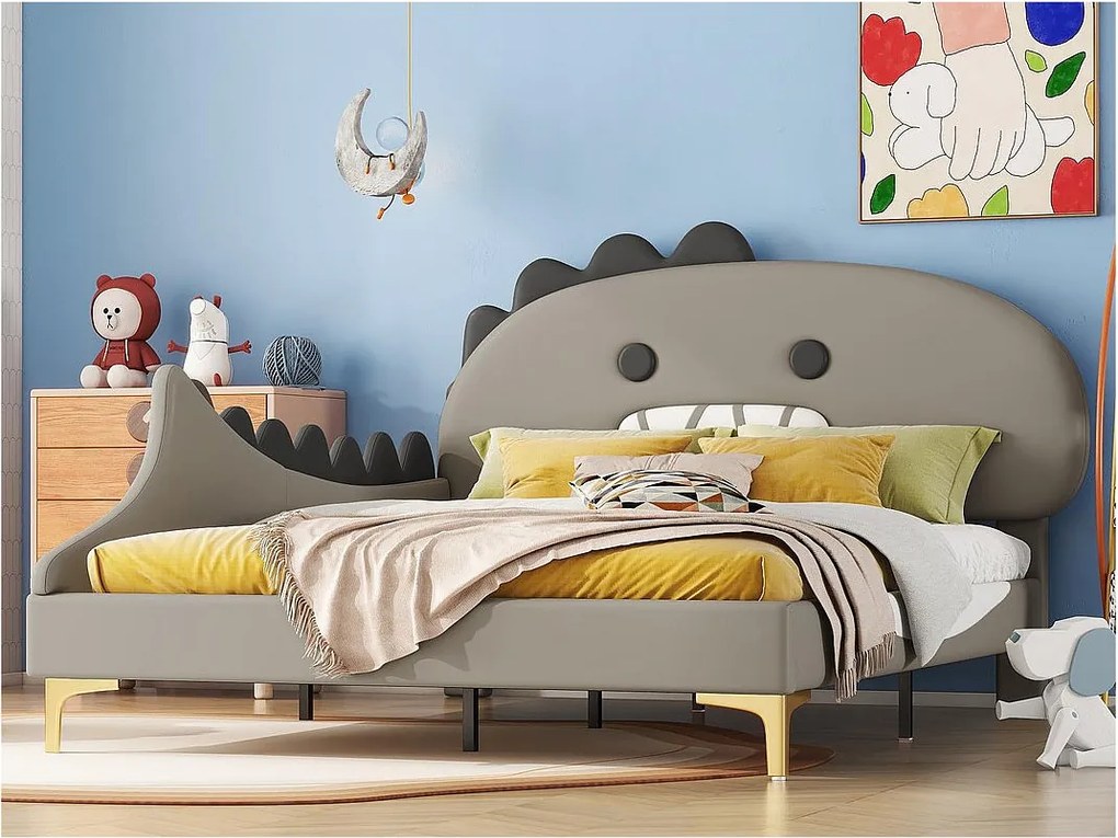 Łóżko dziecięce 140x200 cm - w kształcie dinozaura - z ekoskóry - Szare