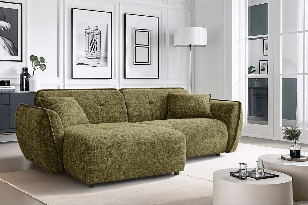 Zielony narożnik z tkaniny szenilowej (lewostronny/z szezlongiem) Nelia – Ropez