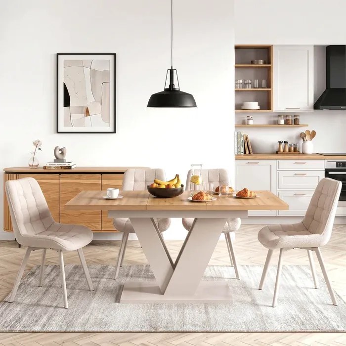 Zestaw Stół Prostokątny Rozkładany CLARK 120-160 cm Dąb Artisan/Kaszmir i 4 Krzesła NAYA Beżowe