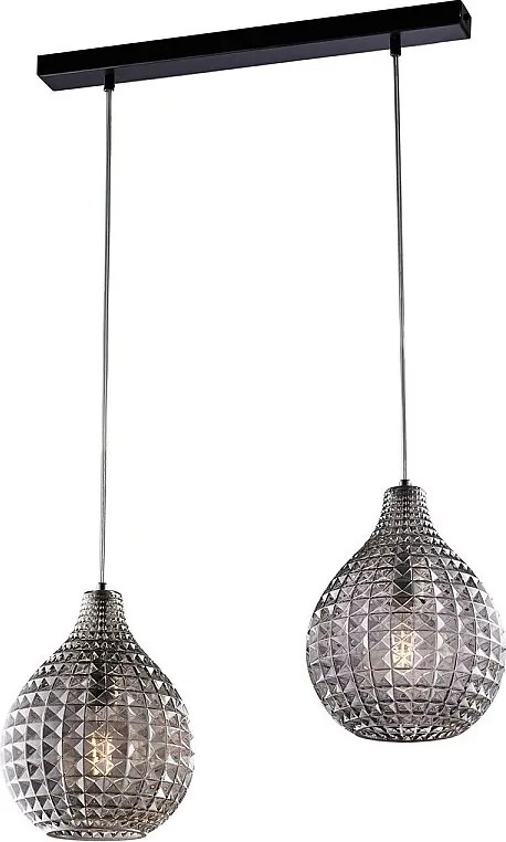 Szyna Diamante z czarnego żelaza i chromu, regulowane kable, klosze z lustrzanego szarego szkła dmuchanego z efektem kryształu, 2 światła