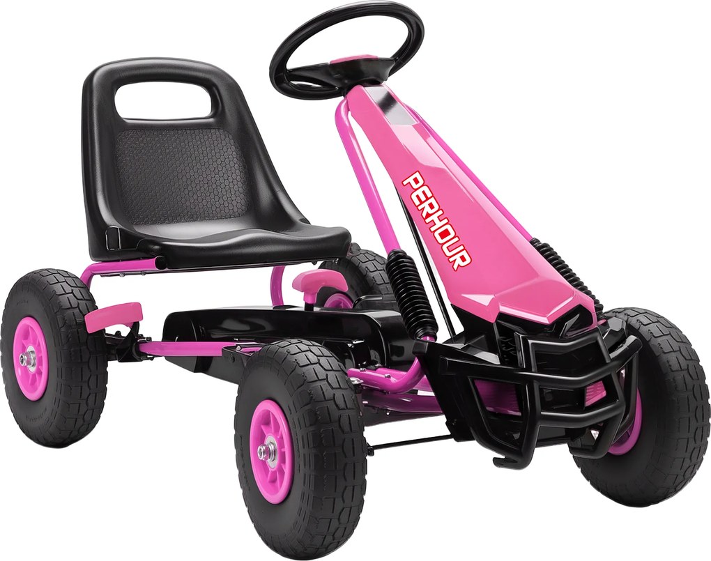 AIYAPLAY Gokart na pedały dla dzieci, regulowane siedzisko, opony EVA, hamulec, sprzęgło, 3-8 lat, różowy