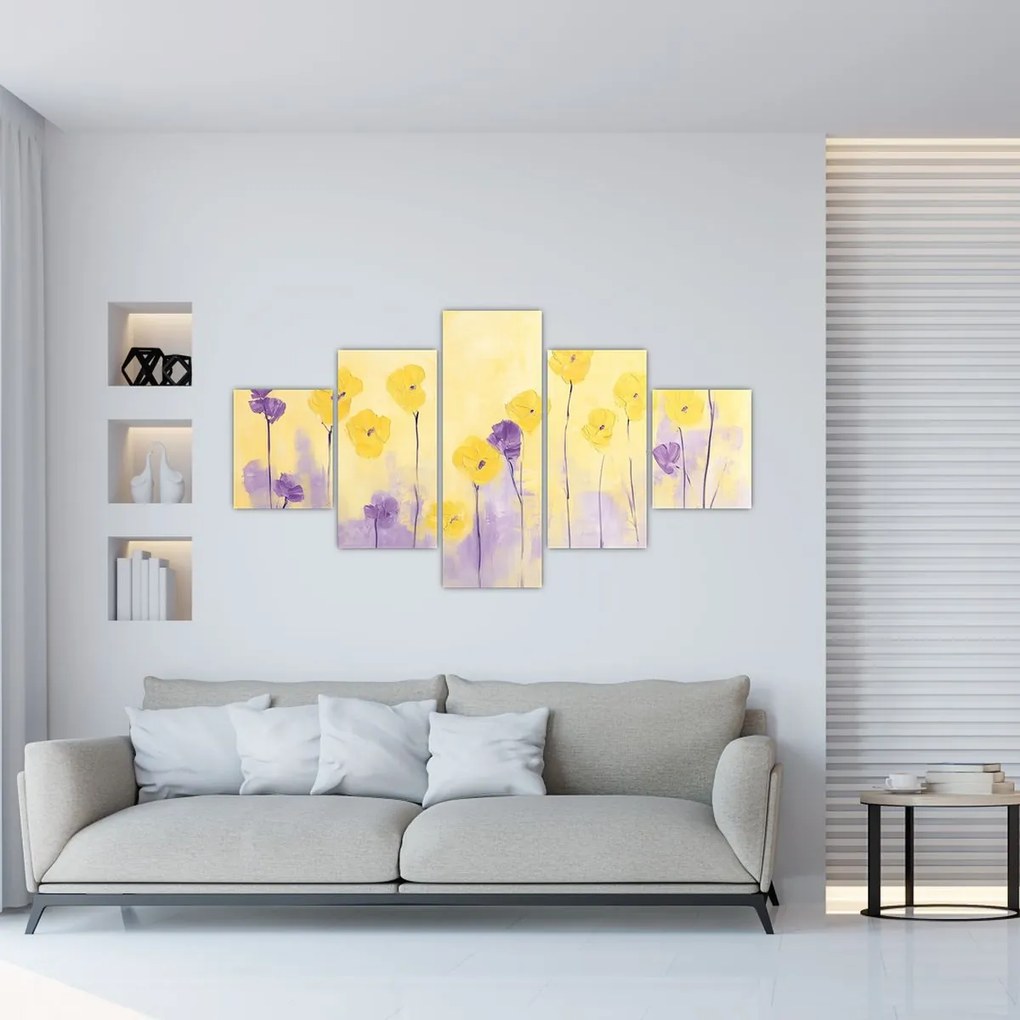 Obraz - Fioletowe i żółte kwiatuszki (125x70 cm)