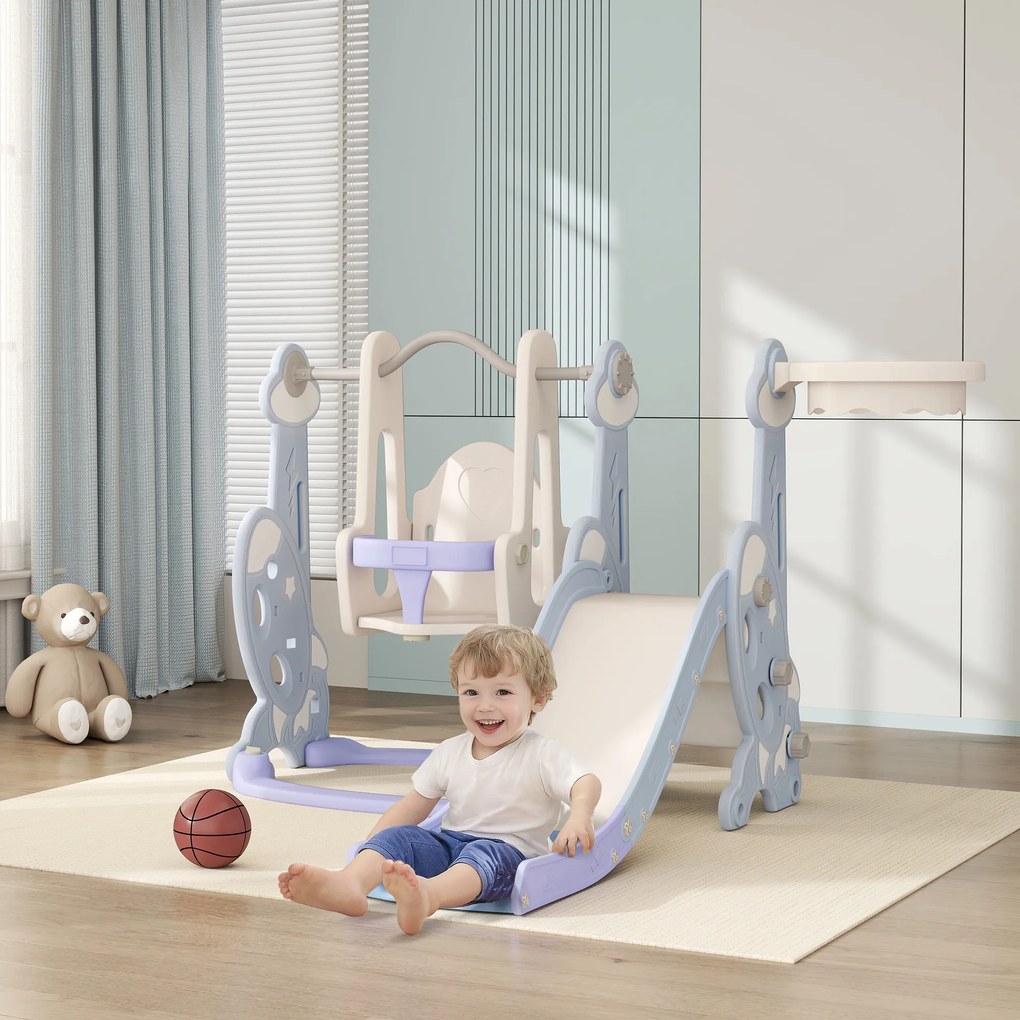 AIYAPLAY 4 w 1 Kryty plac zabaw, zestaw zjeżdżalni i huśtawki dla małych dzieci, kosz do koszykówki, design rakietowy, plastik, Jasnoniebieski