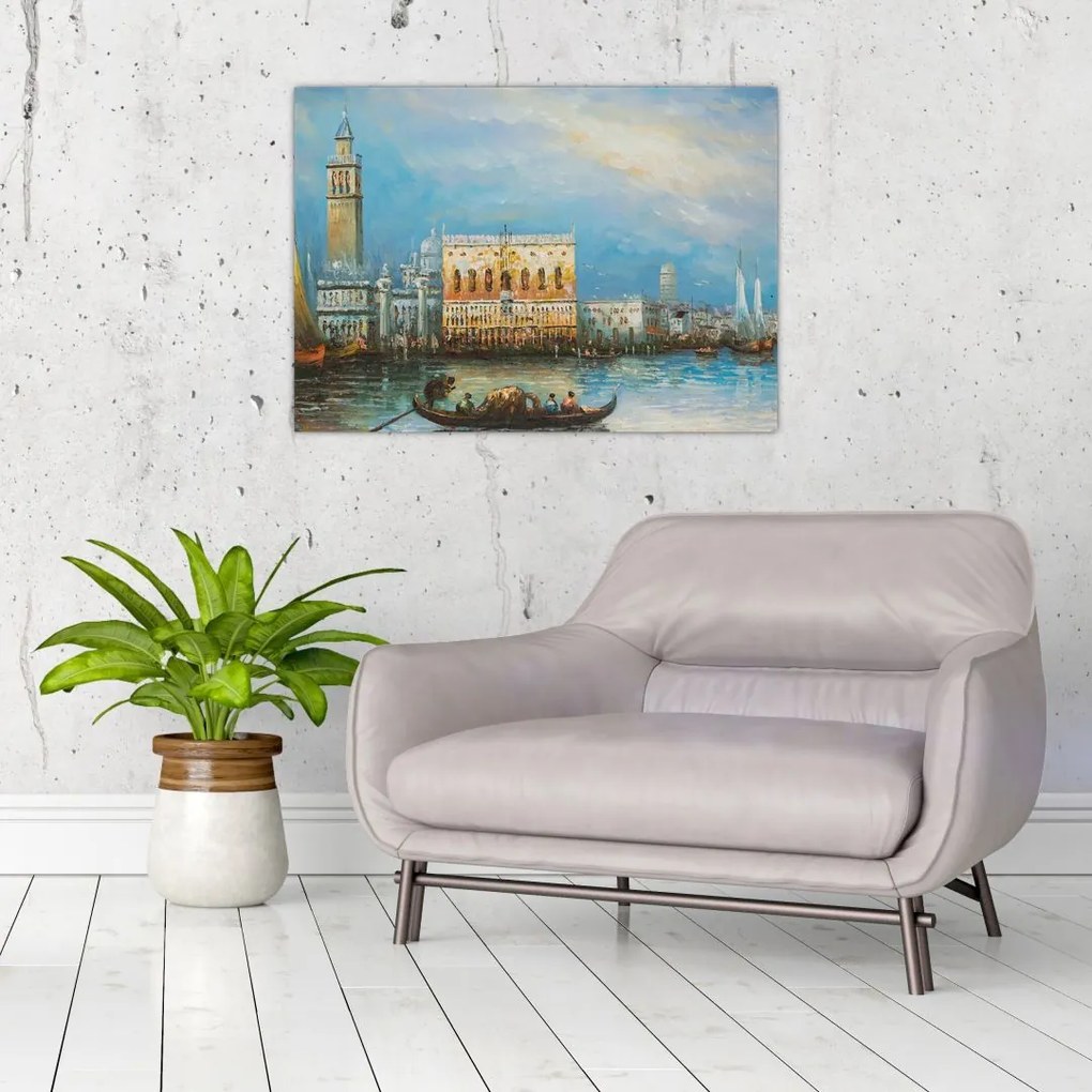 Obraz na szkle - Gondola przejeżdżająca przez Wenecję, obraz olejny (70x50 cm)