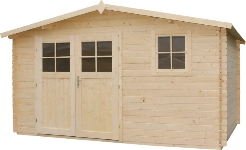 DREWNIANY DOMEK 440 x 340 x 234,5 cm OGRODOWY NARCYZ ZE ŚWIERKU – SCHOWEK NA NARZĘDZIA Z OKNEM I PRZESZKLONYMI DRZWIAMI