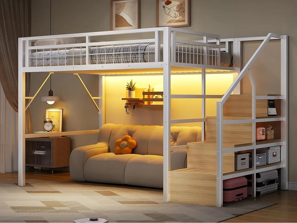 Łóżko na antresoli 140 x 200 cm - Konstrukcja stalowa - Oświetlenie LED - Drabina - Biały​ (materac nie jest wliczony w cenę)