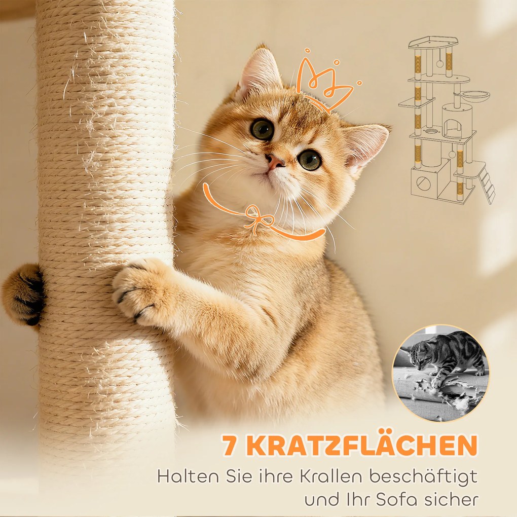 PawHut Drapak dla kota, 170 cm, tunel, jaskinie, duża podstawa, słupy sizalowe, Jasnoszary