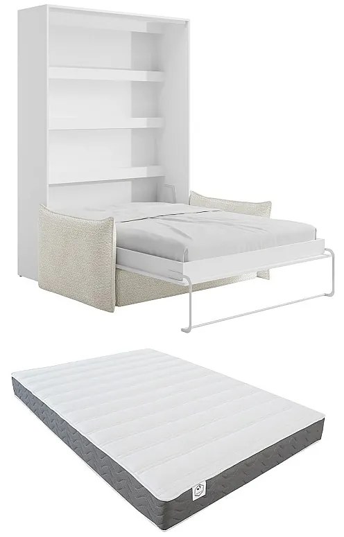 Łóżko chowane w szafie  140 x 200 cm - Otwieranie pionowe manualne - Z oświetleniem LED - Białe + Materac + Kanapa - RAPILI