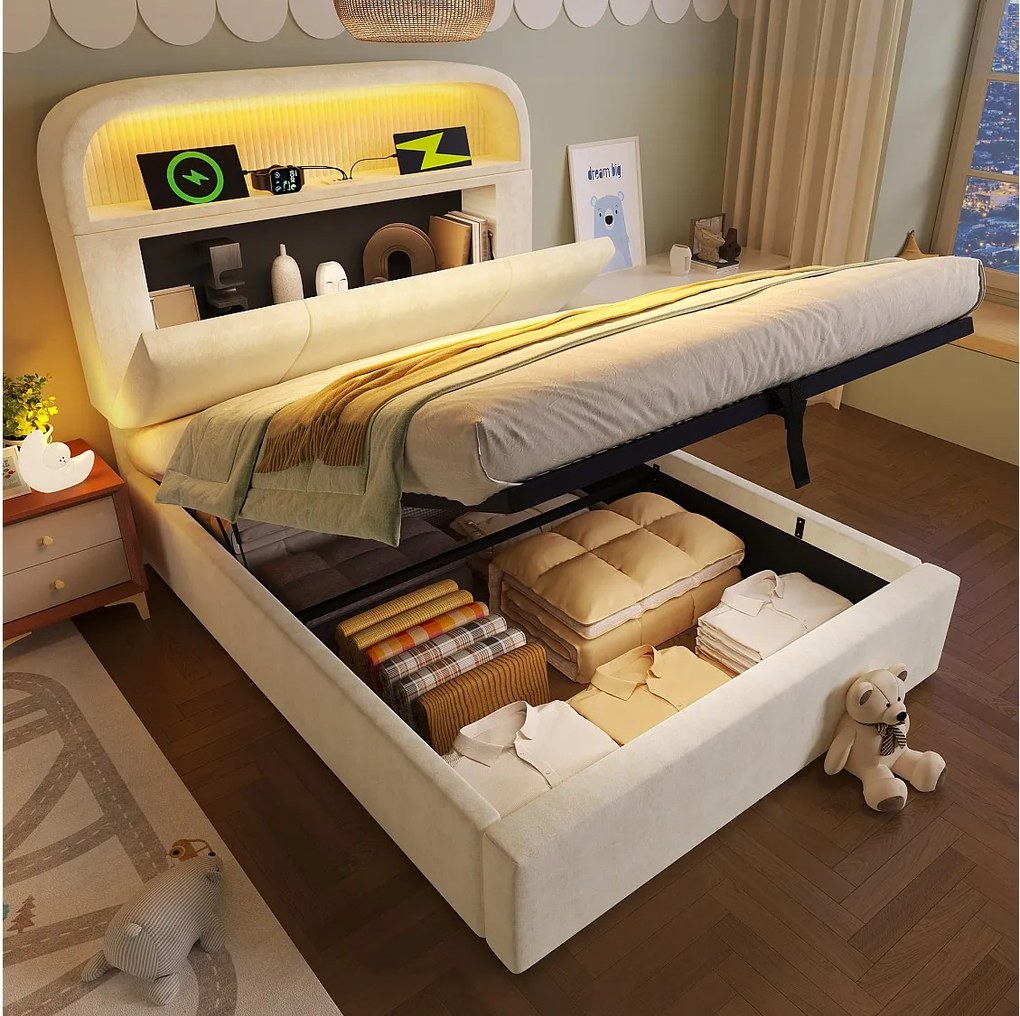 Łóżko z pojemnikiem 90x200 cm Łóżko dziecięce z regulowanym zagłówkiem, LED i USB - welur beżowy (bez materaca)