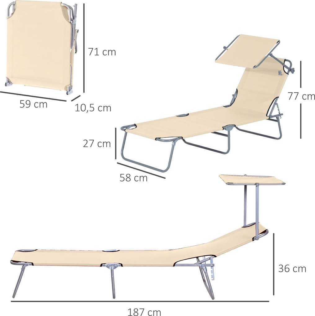 Outsunny Składany leżak ogrodowy z daszkiem przeciwsłonecznym na plażę beżowy | Aosom PL