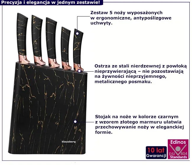 Zestaw 5 czarnych noży kuchennych w stojaku E1-D22