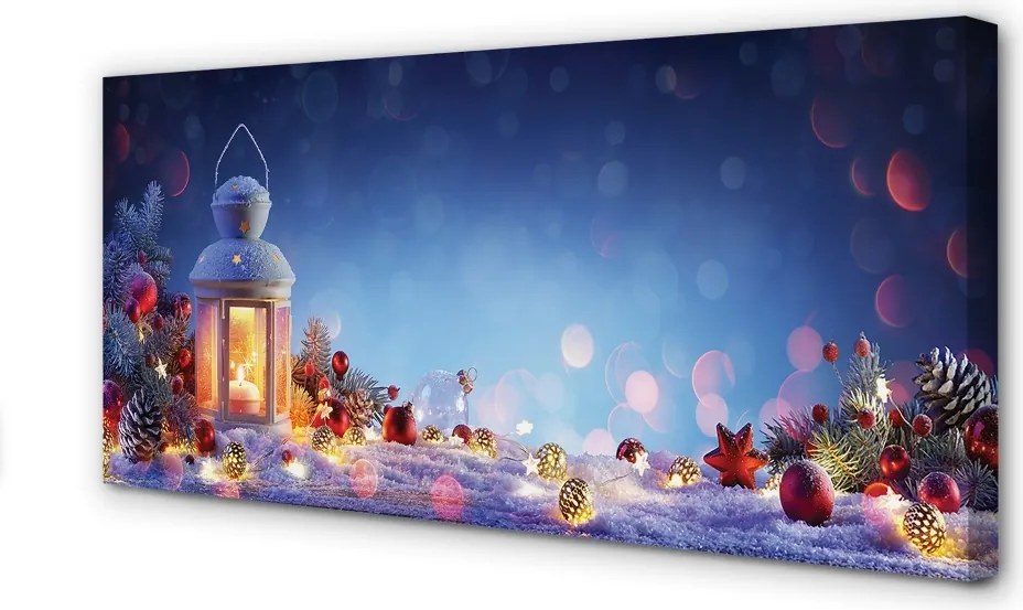 Obraz na płótnie Lampion, Śnieg, Gałązki i Bombki