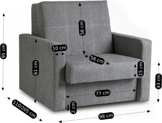 Fotel do Spania MILAN 1 Amerykanka Rozkładany Jednoosobowy Szary Nowoczesny