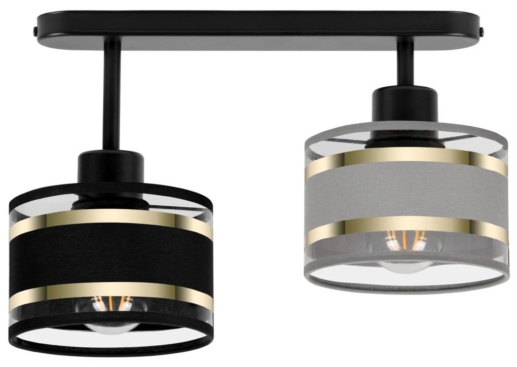 Lampa sufitowa czarna dwupunktowy spot z szaro-czarnymi abażurami T-33