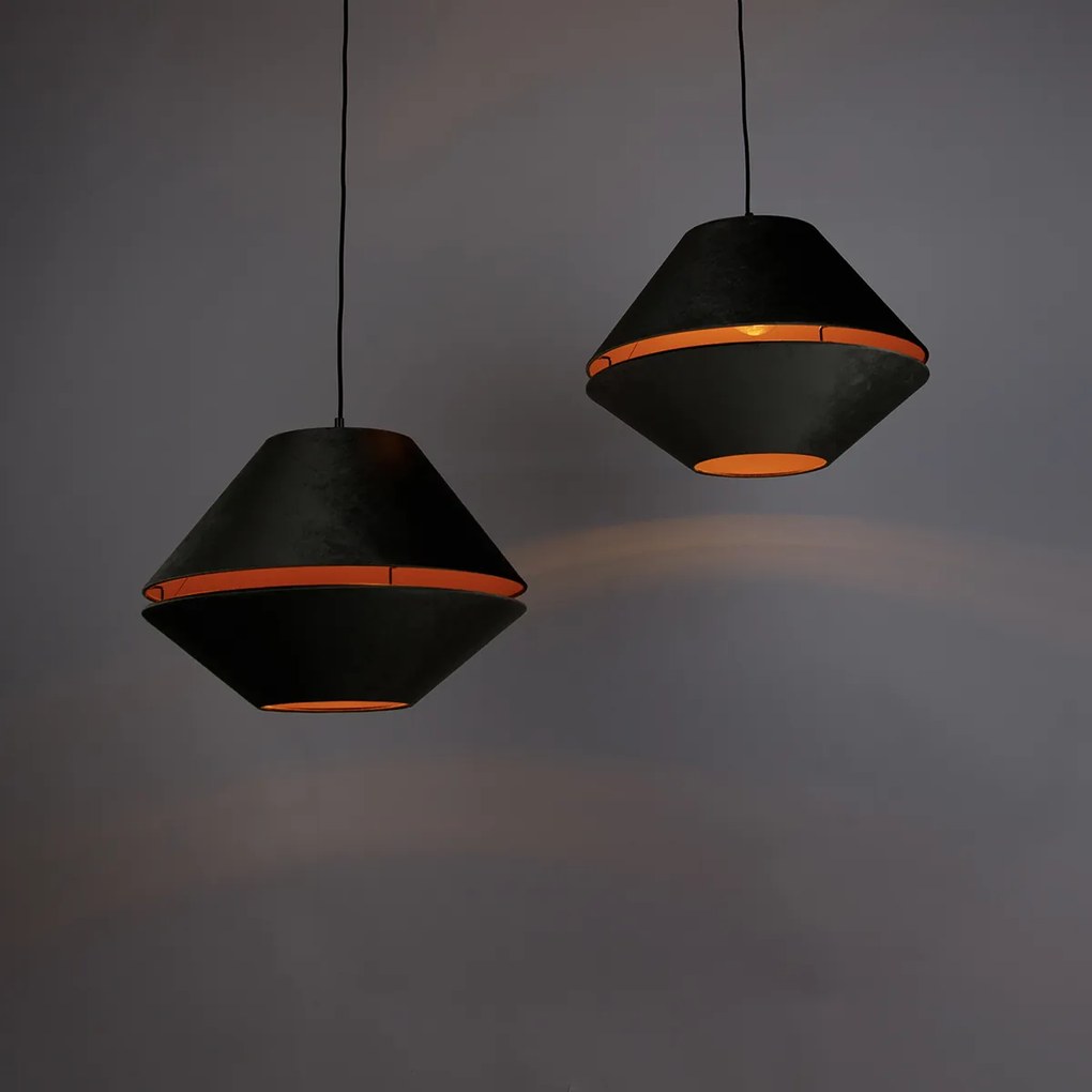 Lampa wisząca czarna z podwójnym aksamitnym abażurem zielonym ze złotym wnętrzem 2-punktowa - Cava Luxe