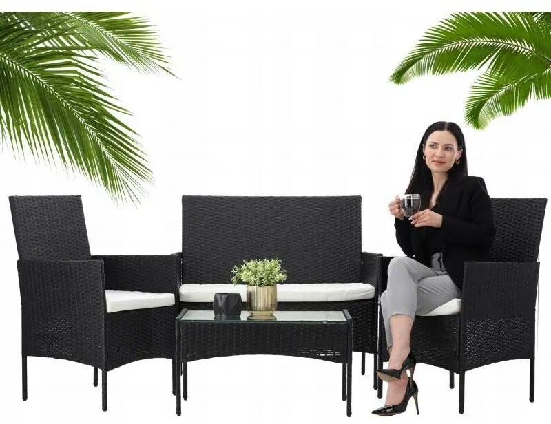 Aldotrade Rattanowy zestaw ogrodowy GardenLine, czarny + kremowe siedziska