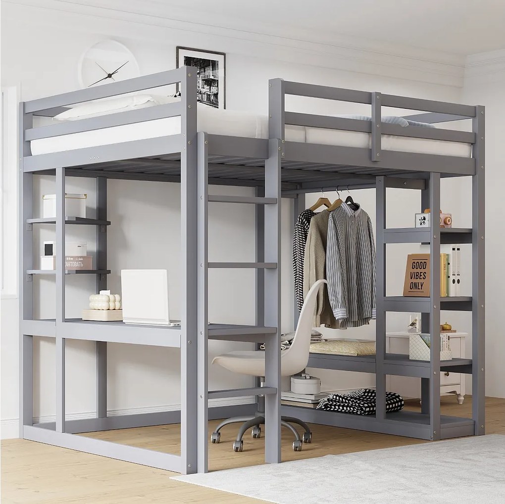 Łóżko piętrowe dla dzieci - 140 x 200 cm - z drabinką + stolik + półki + wieszaki - drewno + płyta MDF - szare