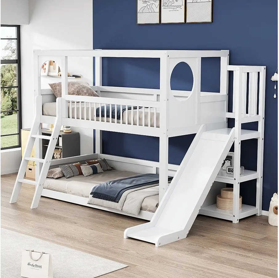 Łóżka piętrowe dla dzieci - 2 x 90 x 200 cm - z półkami + zjeżdżalnia + drabinka - drewno + płyta MDF - białe