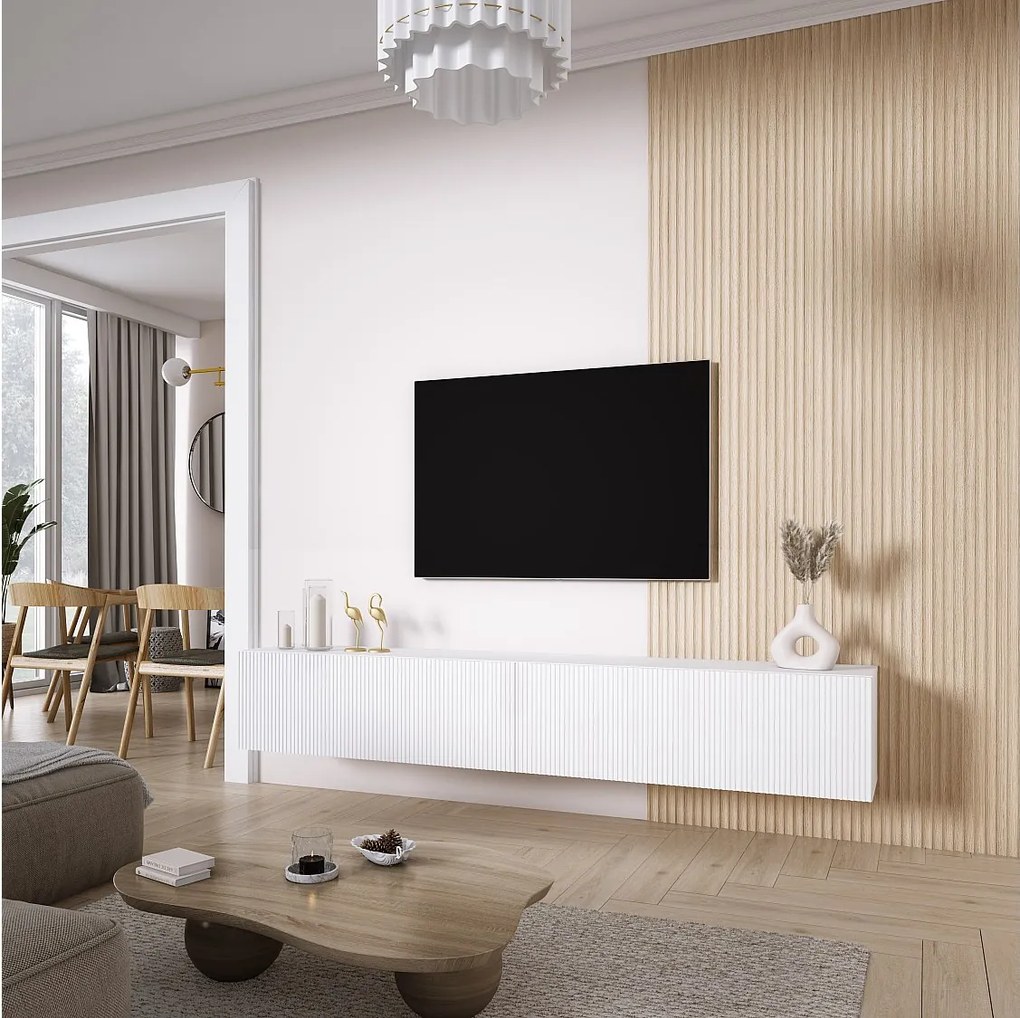 Szafka pod telewizor (2 x 100 cm), fronty ryflowane, Biały Mat, 200 × 32 × 33,6 cm