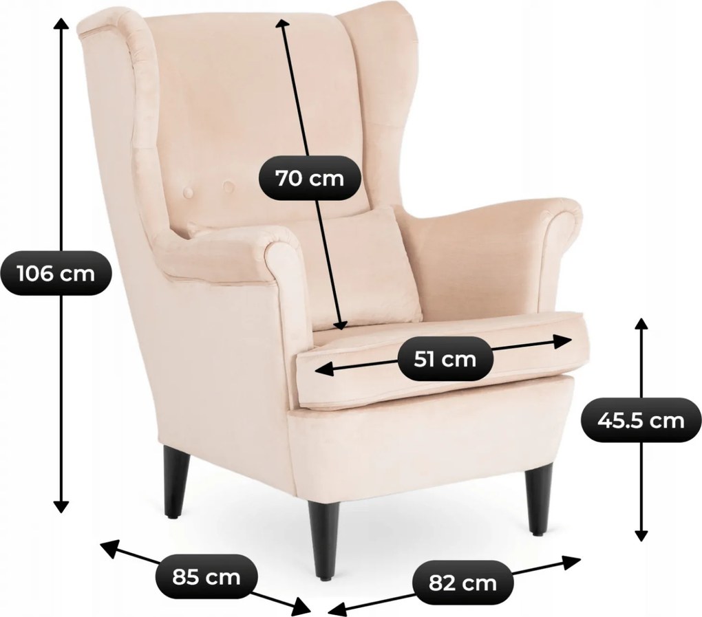 Fotel Wypoczynkowy Uszak EVAN 2 z Podnóżkiem Beżowy Welurowy Nowoczesny