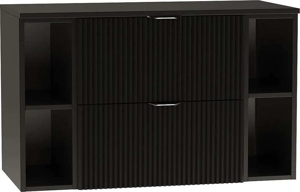 Czarny Zestaw Łazienkowy 100cm Szafka Blat Regały Ryflowane Fronty