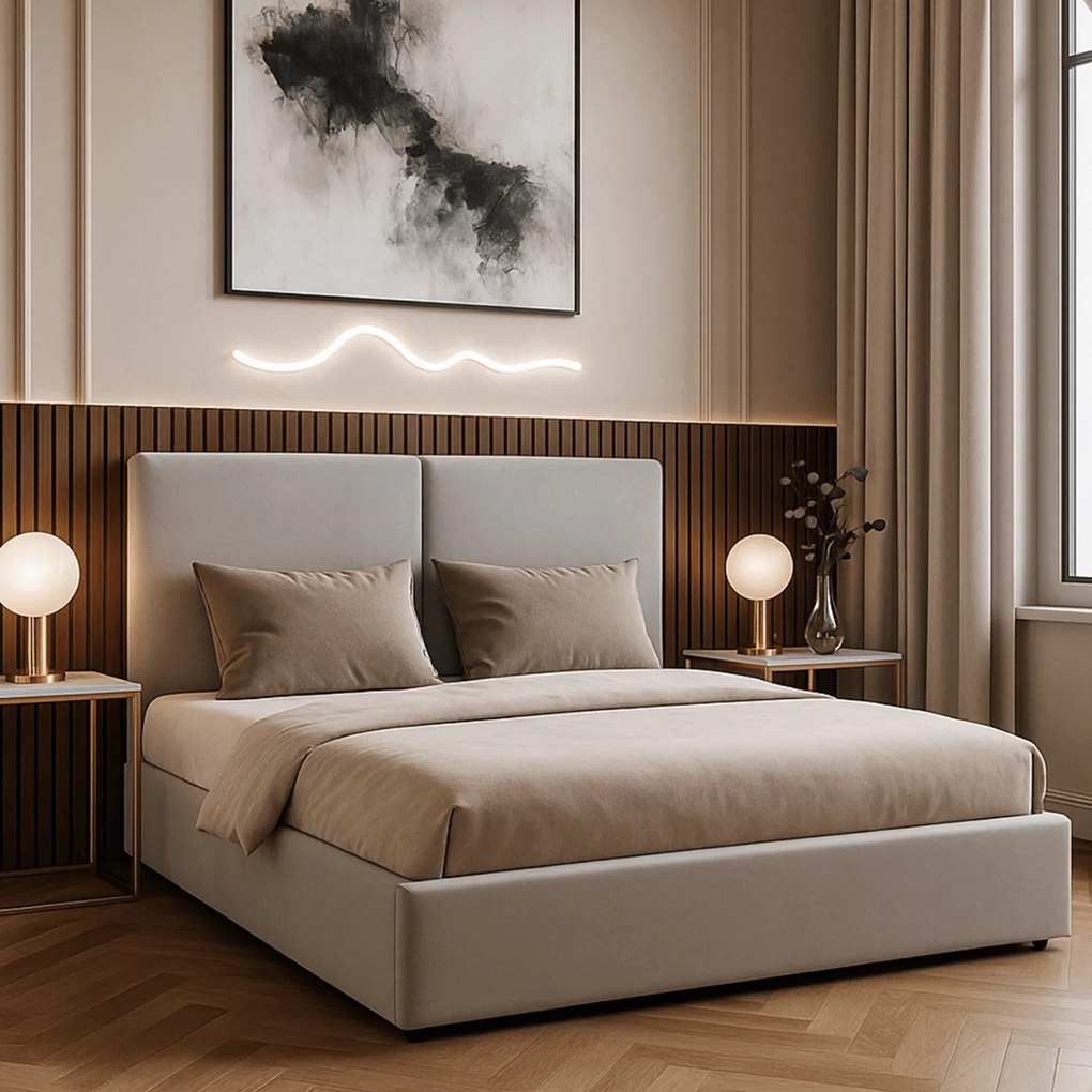 Łóżko Tapicerowane 140x200 cm MARSYLIA ze Stelażem i Pojemnikiem Dwuosobowe Welurowe Szare